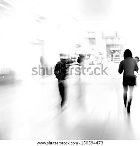 city business people walking on mall, urban scene blur abstract background, black and white