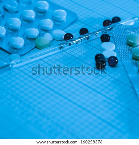 pill temperature gauge syringe, group of medical equipments
