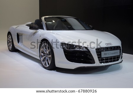 GUANGZHOU, CHINA - DEC 27: Audi r8 5.2 quattro car on display at the 8th China international automobile exhibition on December 27, 2010 in Guangzhou China.