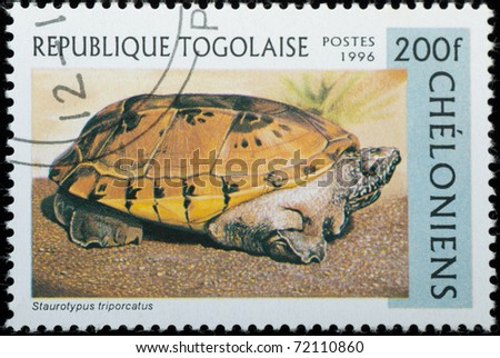 TOGO - CIRCA 1996: A stamp printed in Togo shows animal reptile turtle Staurotypus triporcatus, circa 1996