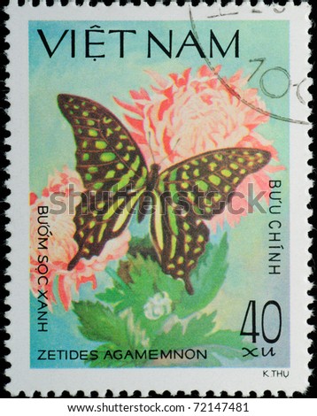 VIETNAM - CIRCA 1983: A stamp printed in Vietnam shows animal insect butterfly Zetides agamemnon , circa 1983