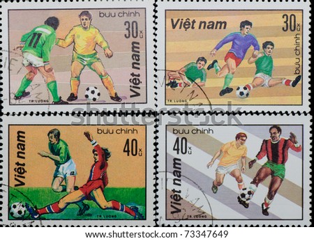 VIETNAM - CIRCA 1980s: A set of stamps printed in the Vietnam shows sport football game, circa 1980s