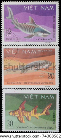 VIETNAM - CIRCA 1980: stamp printed in Vietnam shows animal fish shark , circa 1980