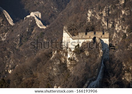 The Great Wall of China (Jiangkou) under the sunrise in winter.