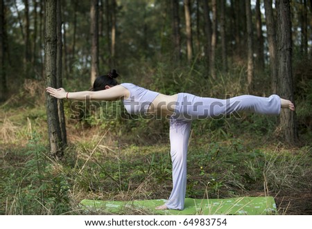 a girl doing Yoga exercise in the forest.