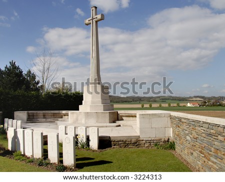 World War One Cemetery in France with Vimy War Memorial on the distant horizon
