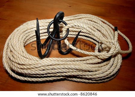 Grappling Hook attached to a Coil of Sisal Rope