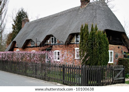 Traditional Thatched English Village Cottage with picket fence and flowering shrubs