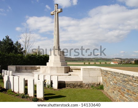 La Chaudiere World War One Military Cemetery in France with the Vimy Memorial in the distant background