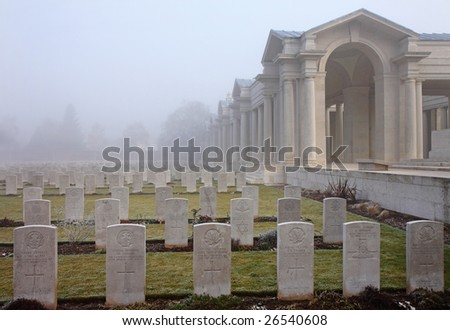 Arras World War One War Memorial and Faubourg de Amiens War Cemetery in the Mist