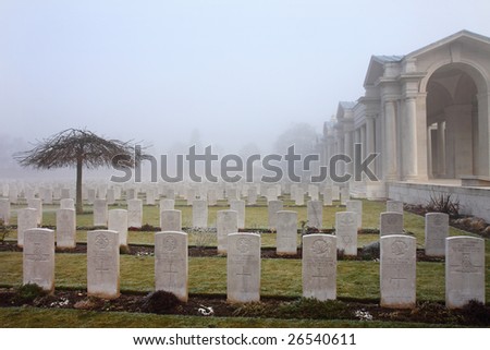 Arras World War One War Memorial and Faubourg de Amiens War Cemetery in the Mist