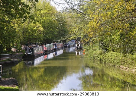 Narrow-boats moored on a Canal Bank in Oxford, England