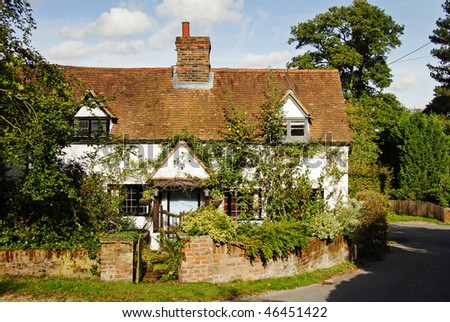 A Traditional whitewashed English Village Cottage and garden with climbing Roses on the wall
