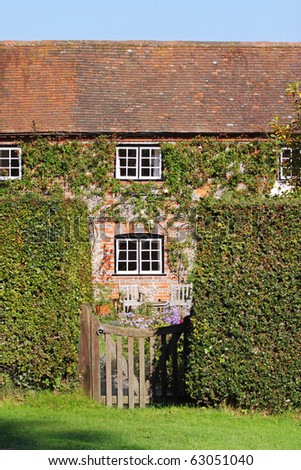 Traditional English Village Cottage and garden with Climbing plants on the Wall