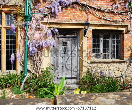 Old Wooden door to a Traditional English Village Cottage with Climbing Wisteria on the Wall