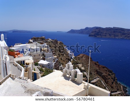 Solar Greek island Santorini. The deep dark blue sea and white houses.