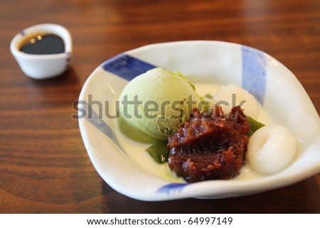 Japanese Macha ice-cream with red bean and sweet sauce