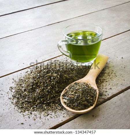 Cup Of Green Tea And Spoon Of Dried Green Tea Leaves On Wooden Background