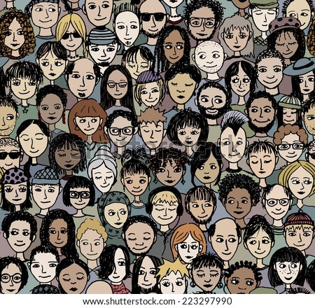 Happy people - hand drawn seamless pattern of a crowd of many different people from diverse cultural backgrounds who are smiling and happy (there\'s an image with unhappy people in my portfolio too)