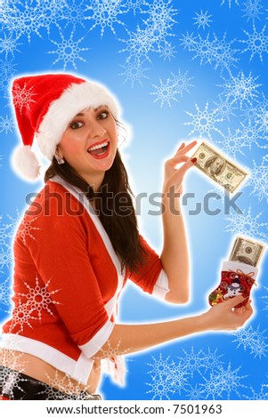 happy santa woman with money