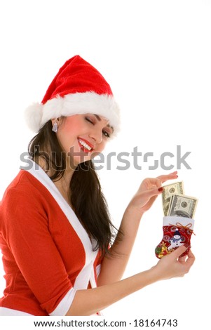 happy santa woman with money