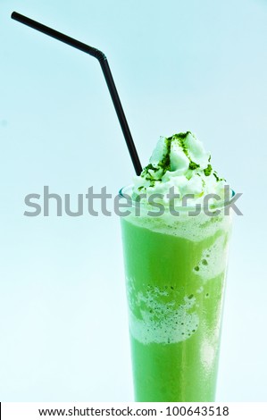 Milk shakes with green tea isolated on white and blue