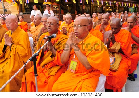 NAKHON PATHOM,THAILAND - JUNE 4: Buddhist monks from five countries together to pray in Visakha Bucha day to show respect and faith,4 June 2012 at Nakhon Pathom,Thailand.