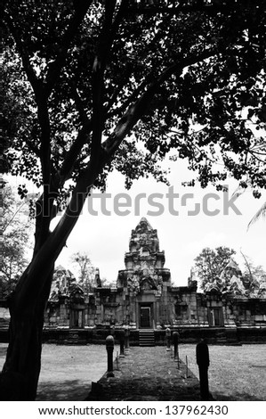 Sadok kok thom Stone Castle Khmer art, Thailand.A black and white image.