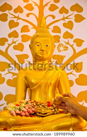Water and flower pouring to Buddha statue in water(Songkran) festival tradition of thailand.
