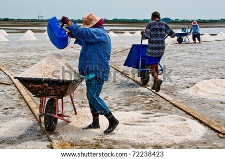 Woman working in the salt field in Thailand