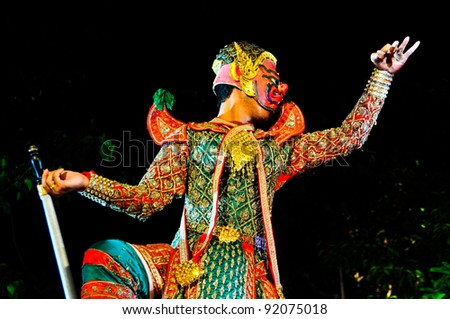 BANGKOK,THAILAND-DECEMBER 24:Unidentified actors perform at the Ramayana Masked Dance Drama with Orchestra play on The celebrated inscription of Wat Pho on Dec.24, 2011 in Bangkok,Thailand.