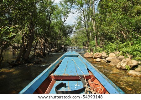 The boat while running among the river