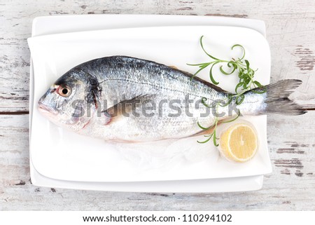 Mediterranean seafood concept. Fresh sea bream on white plate with lemon and rosemary on white wooden textured background.