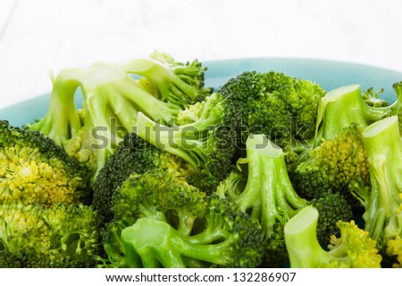 Steamed broccoli close up on plate on white background. Culinary healthy vegetarian and vegan eating.