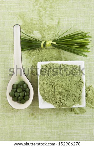 Green superfood. Green pills, green ground powder and wheat grass blades on green background. Chlorella, spirulina, wheat grass and barley grass.