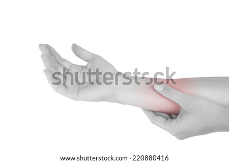 Forearm muscle strain. Female hand touching forearm isolated on white background.