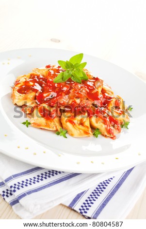 Delicious tortellini with tomato sauce on white plate. Traditional italian food.