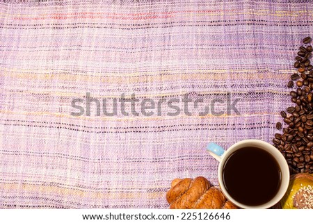 Coffee and bread on floor, vintage stylized photo