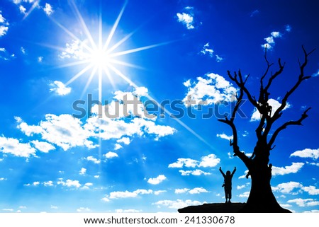 Silhouette of photographer hand up near a dead tree with Sunlight. Conceptual scene.