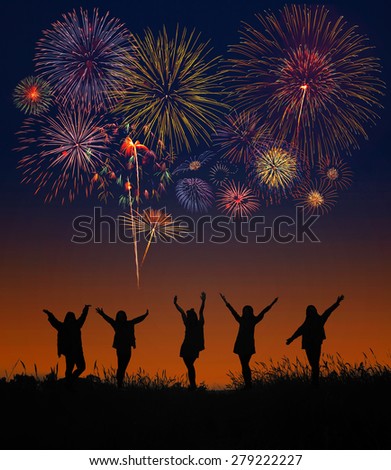 silhouette of peoples enjoy watching firework show in the night sky