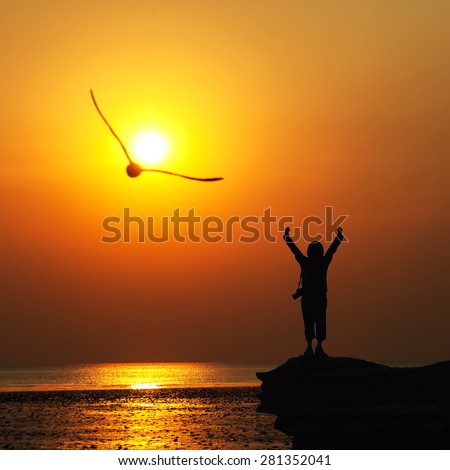 Silhouette of traveller with hands raised to birds flying in to the sun at  sunset.