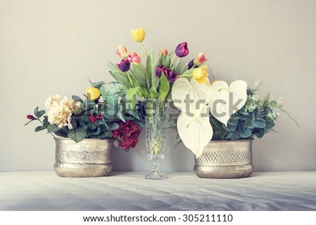 Still life with a beautiful bunch of flowers, vintage color tone.