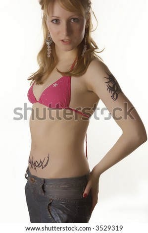 Blondie Girl with tattoo posing and 