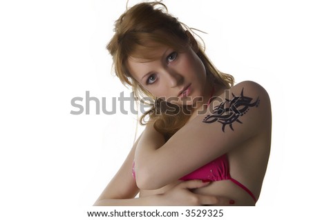 Blondie Girl with tattoo posing and 