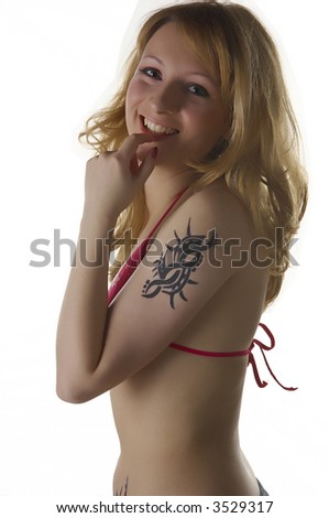 Blond Girl with tattoo posing and 