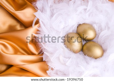 Golden eggs in white feather