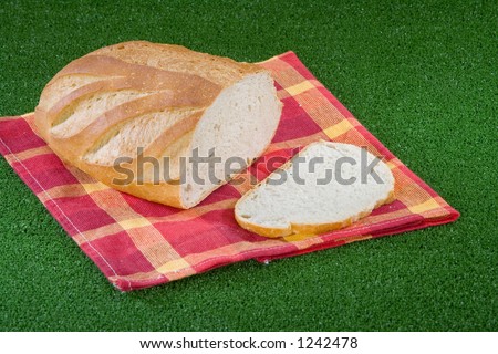 bread on table cloth on grass with a loaf