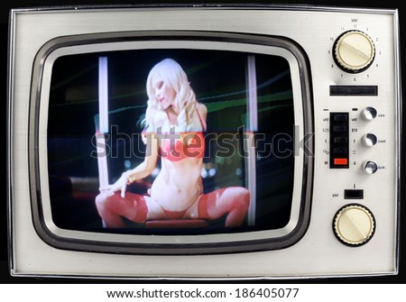 beautiful sexy woman in red lingerie dancing stuck inside retro televison