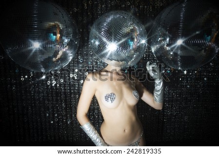 stunning sexy disco woman with a mirror ball for a head