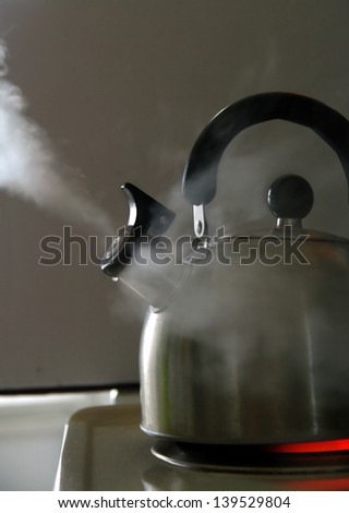whistling kettle with hot steaming drinking water boiling on the kitchen stove top.
